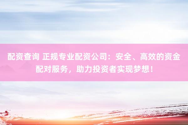 配资查询 正规专业配资公司：安全、高效的资金配对服务，助力投资者实现梦想！